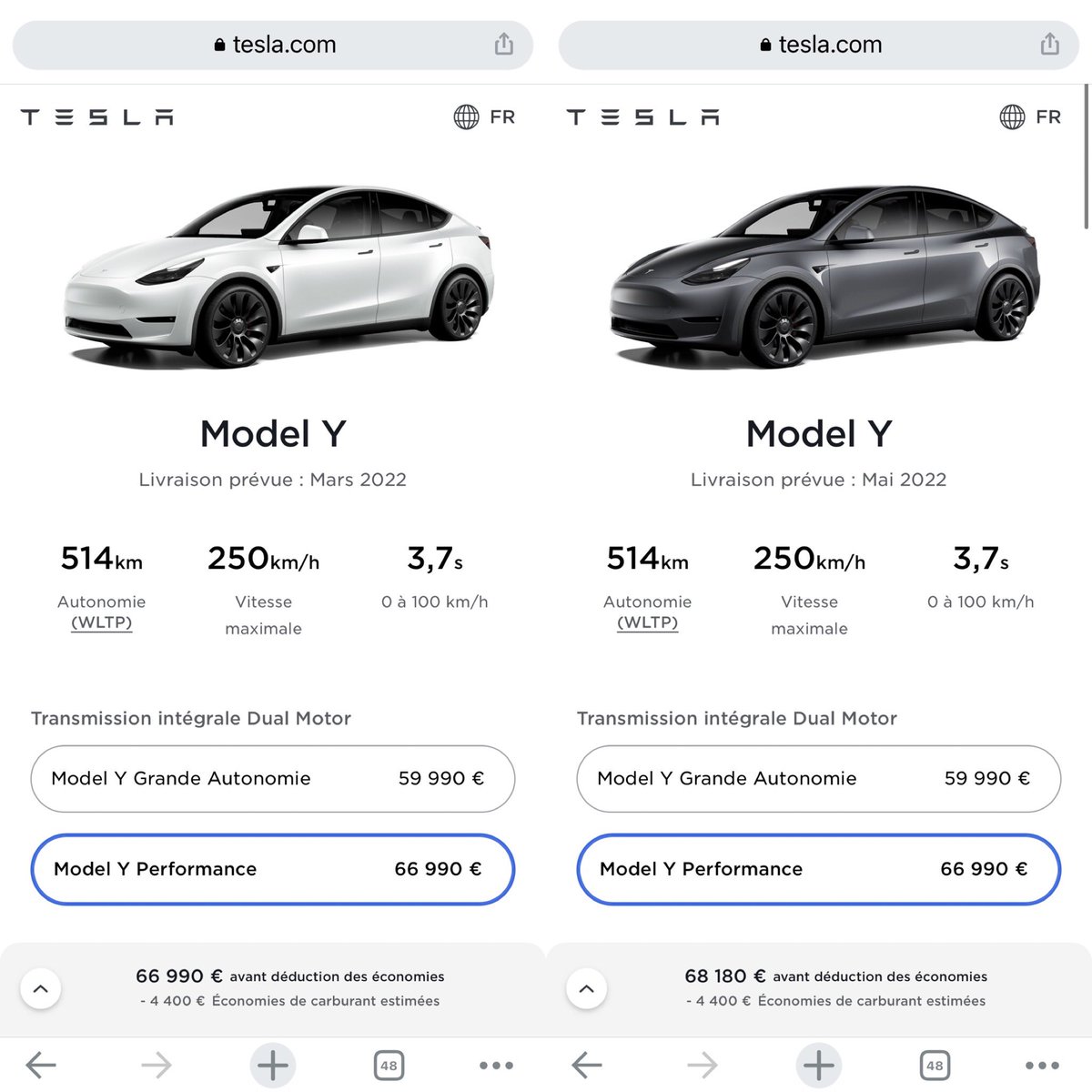 Les livraisons des model Y perf semblent se rapprocher, mais le choix de la couleur change les délais 😅