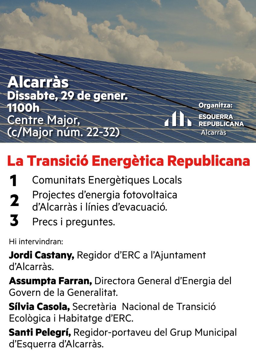 📢 @EAlcarras us convida a la jornada:  'La Transició Energètica Republicana', que tindrà lloc dissabte, 29 de gener , a les 11:00 h al Centre Major d'Alcarràs. Us hi esperem! 👌
+ ℹ️👇👇