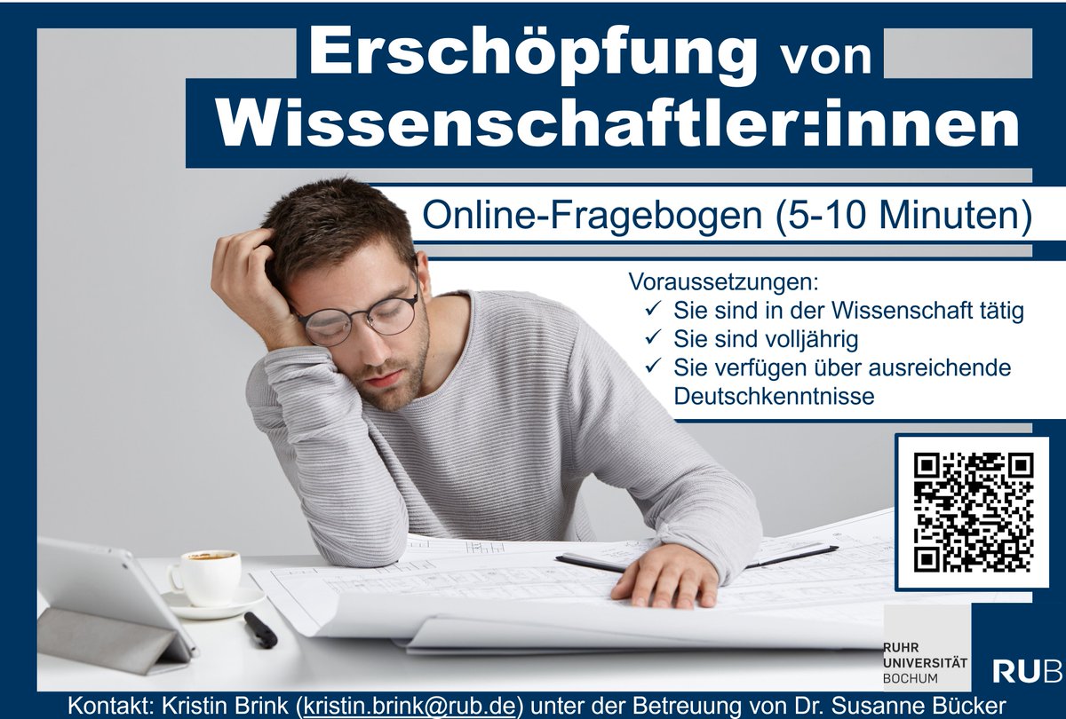 Meine Studentin interessiert sich in ihrer Masterarbeit für Erschöpfung von Wissenschaftler:innen. Da die Zielgruppe für sie nicht so leicht zu rekrutieren ist, teile ich hier ihren Aufruf. Bitte mitmachen und gerne teilen!🎓bochumpsych.eu.qualtrics.com/jfe/form/SV_03… #AcademicTwitter #IchbinHanna