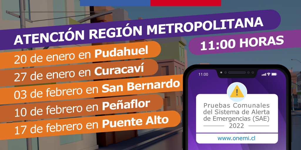 📡#PruebasSAE Recuerda que este jueves 27/01 a las 11:00 realizaremos una prueba del Sistema de Alerta de Emergencia para celulares en la comuna de #Curacaví. 
¿Cómo funciona? se enviará un mensaje de alerta a tu celular 📲🔴#ONEMIRM

Más info: onemi.gov.cl/pruebas-sae/