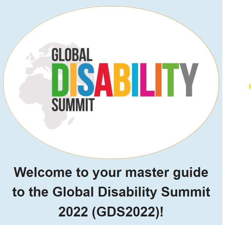 Light Blue Background with the GDS logo in a circle, underneath is written: "Welcome to your master guide to the Global Disability summit 2022 (GDS2022)