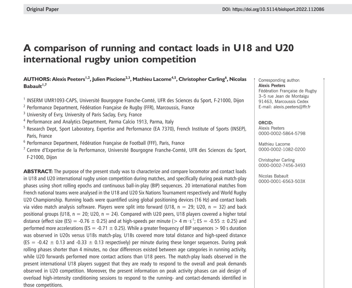 Biology of Sport (@biolsport) on Twitter photo More on #rugby
Ahead-of-print paper: A comparison of running and contact loads in international rugby union competition.
✍️<a href="/AlexisPeeters/">Alexis Peeters</a> <a href="/JPiscione/">Julien Piscione</a> <a href="/mathlacome/">Mathieu Lacome</a> <a href="/carling_chris/">Chris C</a> <a href="/NBabault/">Nicolas Babault</a>
#OpenAccess 🔓🔗bit.ly/3fOlVHX More on #rugby
Ahead-of-print paper: A comparison of running and contact loads in international rugby union competition.
✍️<a href="/AlexisPeeters/">Alexis Peeters</a> <a href="/JPiscione/">Julien Piscione</a> <a href="/mathlacome/">Mathieu Lacome</a> <a href="/carling_chris/">Chris C</a> <a href="/NBabault/">Nicolas Babault</a>
#OpenAccess 🔓🔗bit.ly/3fOlVHX
