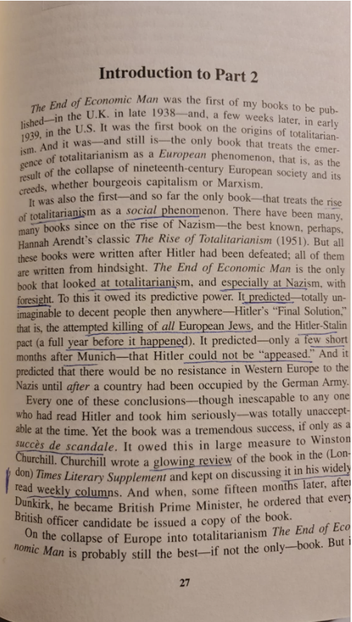#WinstonChurchill died this day 57 years ago. 

Did you know that #PeterDrucker had huge influence on him with his first book "The End of Economic Man - A Study of the New Totalitarianism" (1939)?

Take a look at Drucker's summary of Churchill's personal endorsement for it.