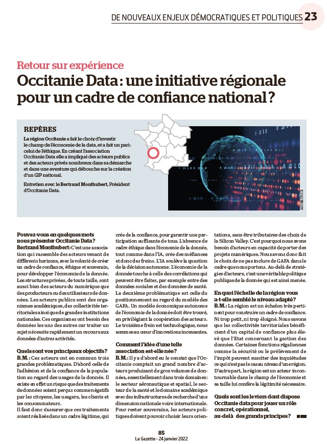 Ekitia_'s tweet photo. Super travail réalisé par @Obs_DataPublica publié aujourd'hui dans La Gazette des communes. 👏🏻
Vous y trouverez une interview de @b_monthubert à propos de @OccitanieData, mais aussi de nombreux retours d'expériences et analyses tout au long de la centaine de pages.
#données https://t.co/u1Hi0G0hCC