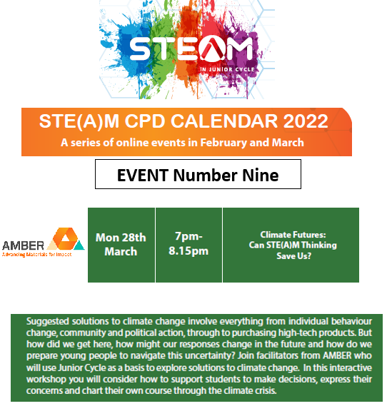 📢Calling all Junior Cycle teachers 

We'll be delivering a #CPD workshop in conjunction with @JCTSteAm @JCforTeachers on the 28th of March at 7pm. 

Register for 'Climate Futures: Can STE(A)M thinking save us?' here jct-ie.zoom.us/meeting/regist…

#ClimateAction #education