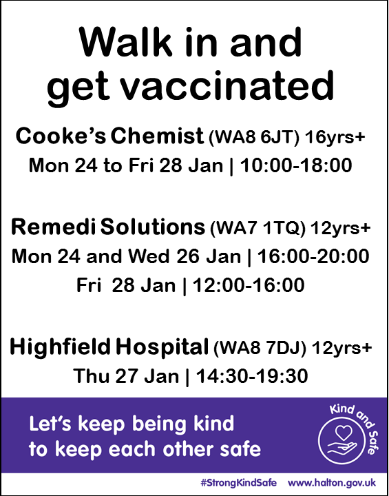 HaltonBC's tweet photo. Walk in and #GrabAJab this week at Cooke’s Chemist, Remedi Solutions and Highfield Hospital.
#LetsGetVaccinated #StrongKindSafe https://t.co/i0XwkaNYGD