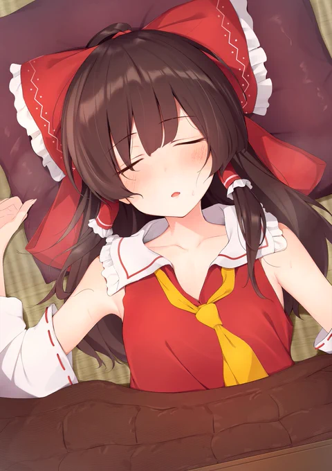 こたつで寝てしまった霊夢 