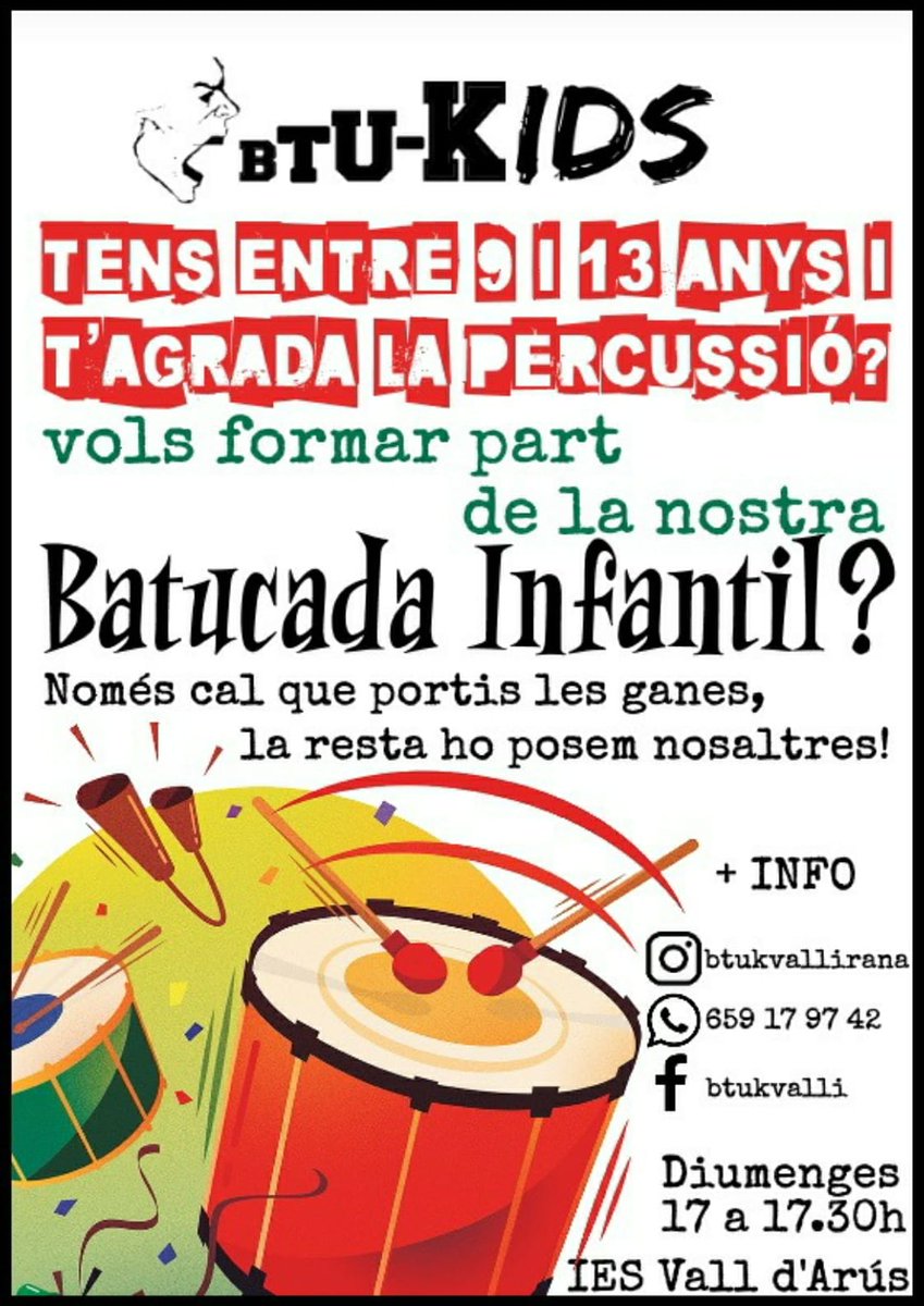 BtuKValli's tweet photo. Tens entre 9 i 13 anys i t'agrada la percussió?
Vols formar part de la nostra batucada infantil?
Només cal que portis les ganes, la resta ho posem nosaltres! https://t.co/jvWodGzSfM