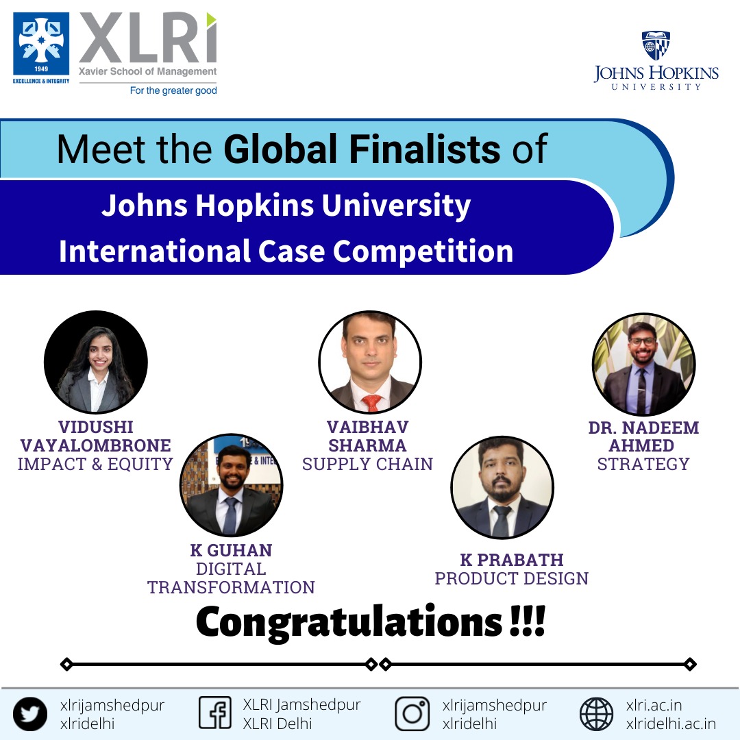XLRIJamshedpur's tweet photo. We are delighted to announce that HealthEthos from XLRI, Mentored by Prof. Giridhar Ramachandran,was selected as one of Top-10 Healthcare teams globally by Johns Hopkins University to formulate a business model to sustain Point-of-care testing in USA.
#xlri #casecomp #global https://t.co/fXTM6PXDG1