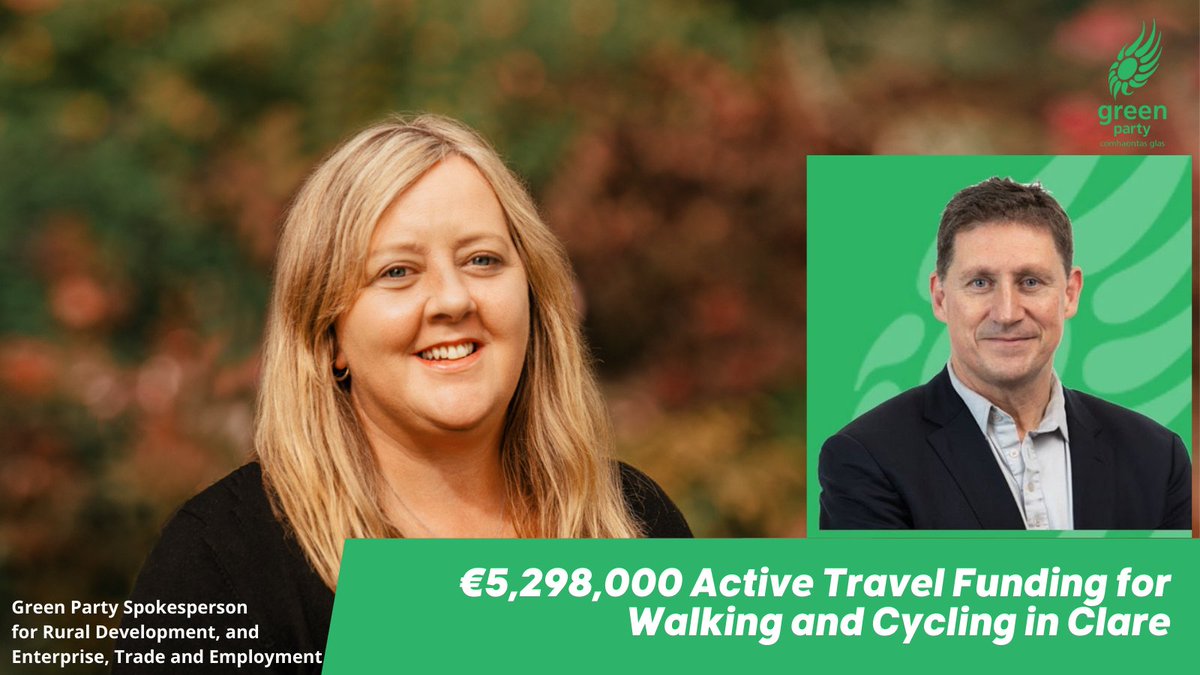 Having worked on #ActiveTravel with schools+ communities across Clare for 14yrs, it is great to see @clarecountycouncil receiving €5,298,000 for walking +cycling infrastructure, thanks to Minister @eamonryan_green. Connecting communities, reducing car dependence, giving options.
