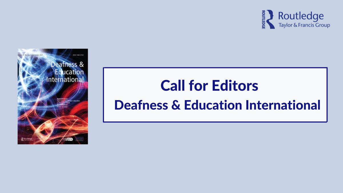 T&F Education Research (@tandfeducation) on Twitter photo This is the last week to submit your application for the Book Review Editor, Associate Book Review Editor and Associate Review Editor roles with the <a href="/DeafEducInt/">Deafness & Education International (D&EI)</a>.
Visit here: bit.ly/Deaf-Educ-Inte… <a href="/BATOD_UK/">BATOD</a> <a href="/RachelONeill4/">Rachel O'Neill</a> <a href="/jillcduncan/">Jill Duncan</a> #DeafAcademics #AcademicTwitter This is the last week to submit your application for the Book Review Editor, Associate Book Review Editor and Associate Review Editor roles with the <a href="/DeafEducInt/">Deafness & Education International (D&EI)</a>.
Visit here: bit.ly/Deaf-Educ-Inte… <a href="/BATOD_UK/">BATOD</a> <a href="/RachelONeill4/">Rachel O'Neill</a> <a href="/jillcduncan/">Jill Duncan</a> #DeafAcademics #AcademicTwitter
