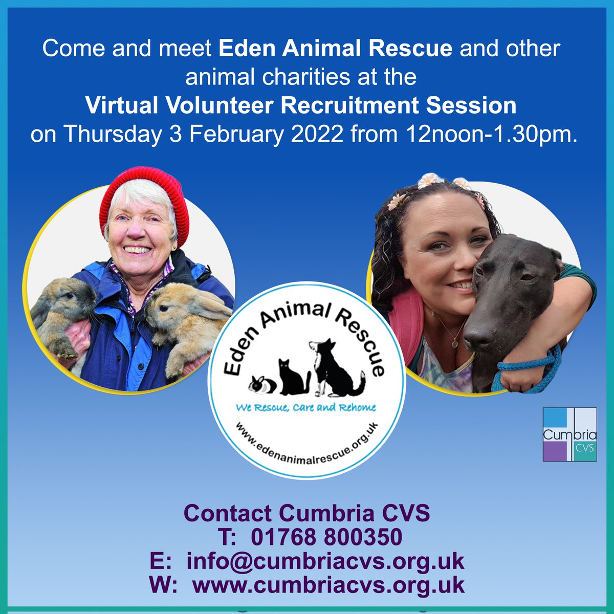 Come and meet <a href="/earanimalrescue/">Eden Animal Rescue</a> &amp; other animal charities in Cumbria to find out about volunteering on 3 February at the Virtual Volunteer Recruitment Session. To join email info@cumbriacvs.org.uk #volunteers #volunteering RT <a href="/EdenFMRadio/">Eden FM Radio</a> <a href="/EdenCouncil/">Eden District Council</a> <a href="/BBC_Cumbria/">BBC Cumbria</a> <a href="/penrithchamber/">Penrith Chamber</a>