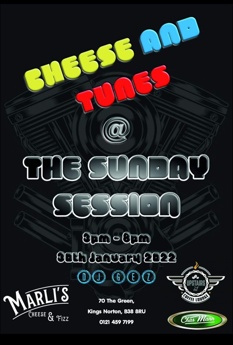 Sunday Funday! This Sunday we're doing a pop up at the bar upstairs <a href="/ChasMannMC/">Chas Mann Motorcycles</a> with DJ Gez playing some tunes. Cheese &amp; tunes from 3 - 8pm by Kings Norton Green! #cheese #marlischeeseandfizz #cheeseandtunes #djgez #music #birmingham #popup #local #smallbusiness #fooddrink