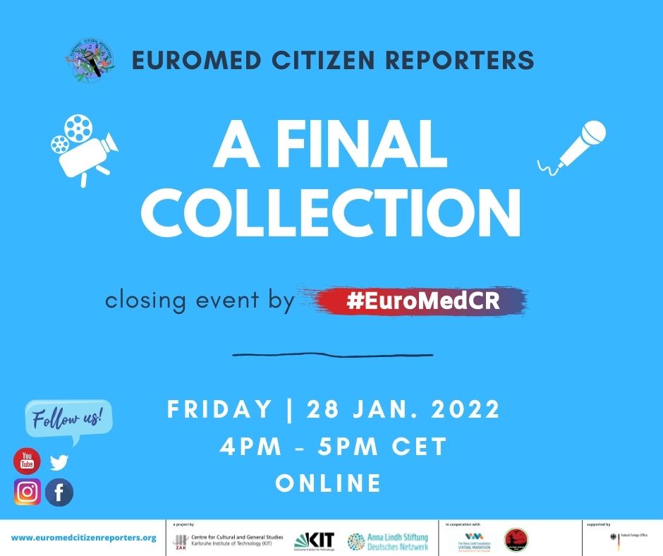 A FINAL COLLECTION - our closing event happening this Friday, 28th Jan., 4pm to 5pm CET! Join us and be part of #EuroMedCR 🎬🎤🌍
#wearestillhere #hopeinthetimeofcorona #corona #covid19 #civilsociety #culture #engagement