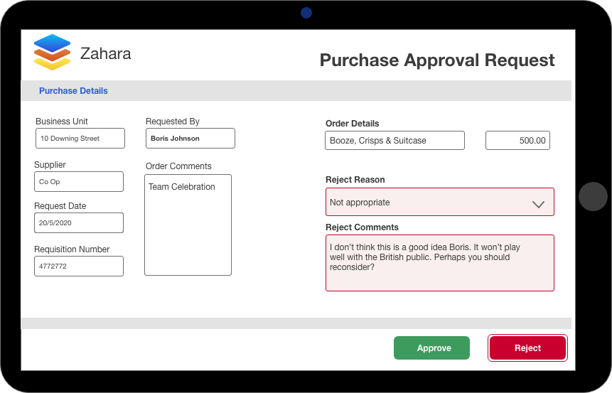 ZaharaSoftware's tweet photo. Who approved this?! If only Boris used Zahara...   

Avoid purchase order disasters like this, get full audit trails of approval workflows.  

#IfOnlyTheyUsedZahara https://t.co/5iMjkE0cNn
