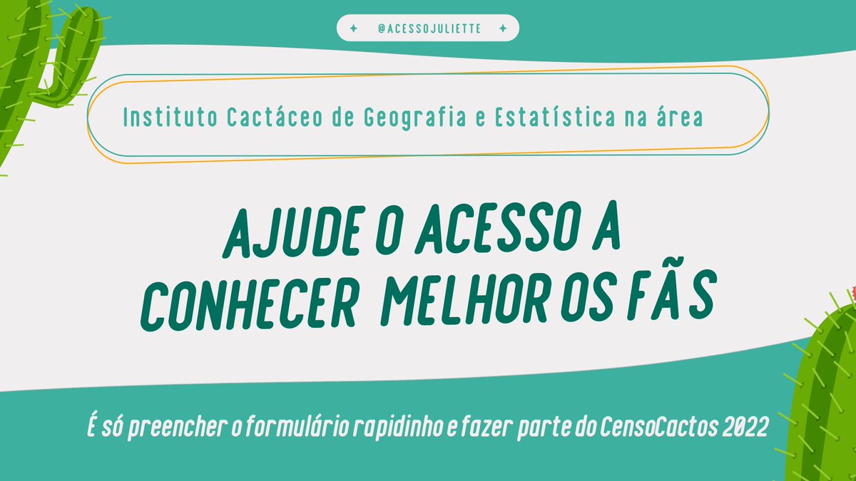 acessojuliette's tweet photo. Bom dia
Instituto Cactáceo de Geografia e Estatística na área!

Bora fazer parte do Censo Cactos 2022? É só responder umas perguntinhas rápidas sobre você e sobre a carreira da nossa cantora favorita no form abaixo:

https://t.co/UlLxF8Dapf https://t.co/kHZdhV6R9r
