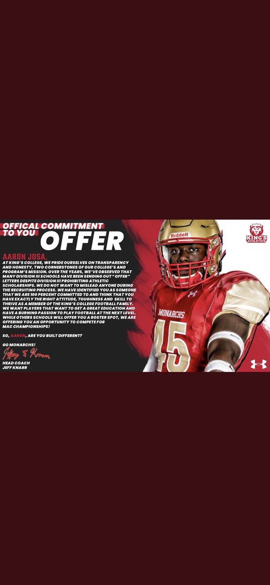 aaron_josa's tweet photo. After a great visit and multiple great conversations with @CoachCebrosky and @jeff_knarr, I am blessed to receive my second offer from Kings College. #GoMonarchs @Central_Reg_FB @KingsCollegeFB https://t.co/pRePvcf8w7