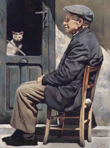 When I was posting men and cats I forgot two…I’ll send them now.  This is a painting by Gianni Strino.   ( Italian artist).  I know it looks like a photograph but it isn’t. He knows how to paint light and  shade.