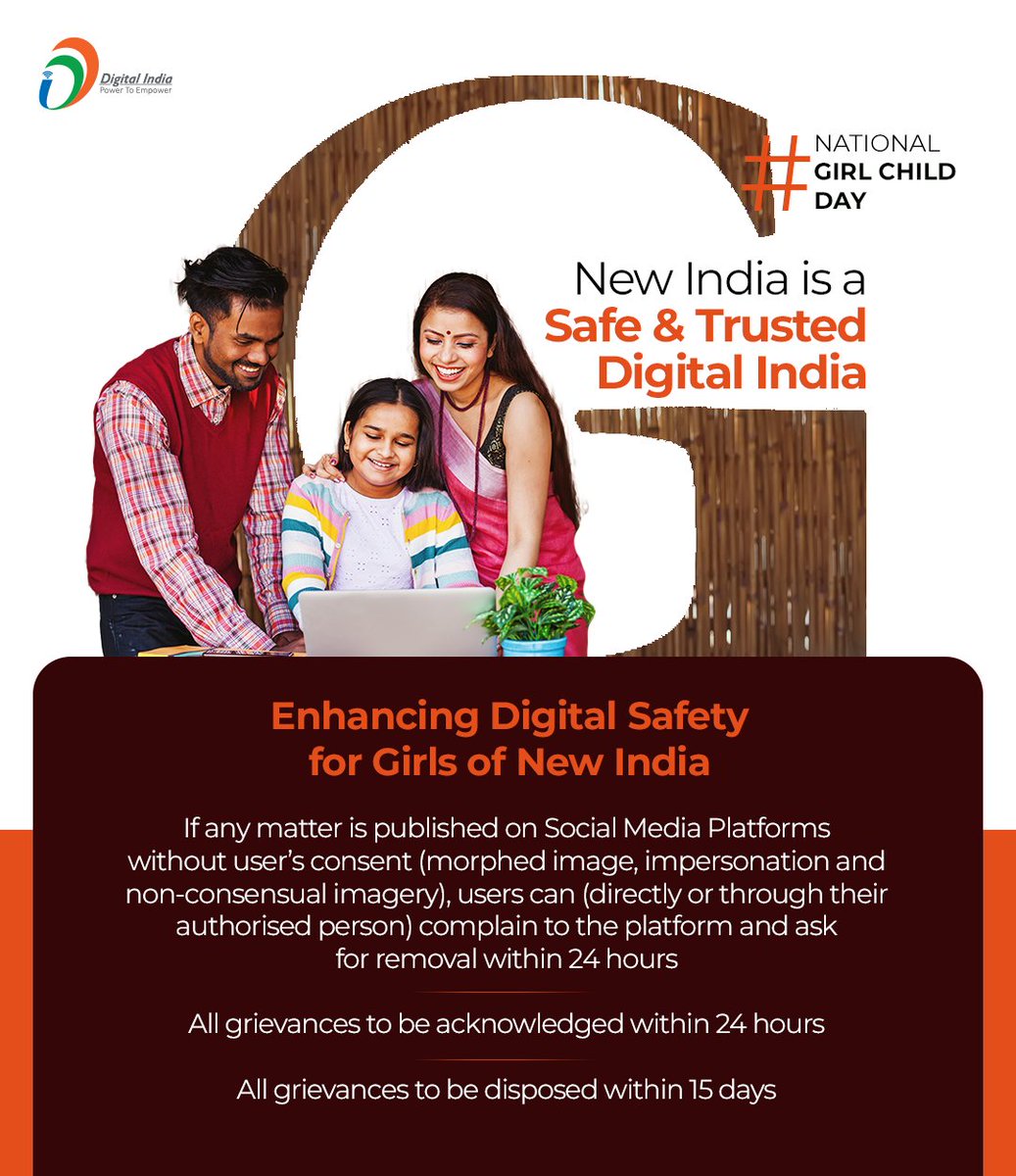 _DigitalIndia's tweet image. The Information Technology (Intermediary Guidelines and Digital Media Ethics Code) Rules, 2021 have a clear objective of enhancing the online safety of users, particularly women &amp;amp; children. #ITRules2021 #NationalGirlChildDay @Rajeev_GoI