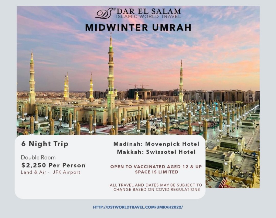 ***BOOK NOW*** Join us for Midwinter special #Umrah to cleanse our souls and nourish our hearts. Feb. 10 - Feb. 19, 2022 Feb. 17 - Feb. 26, 2022 Feb. 19 - Feb. 28, 2022 $2,450 per person, double room dstworldtravel.com/umrah2022 #DST #Travel #Umrah2022 #Mecca #Madinah #Makkah #Saudi