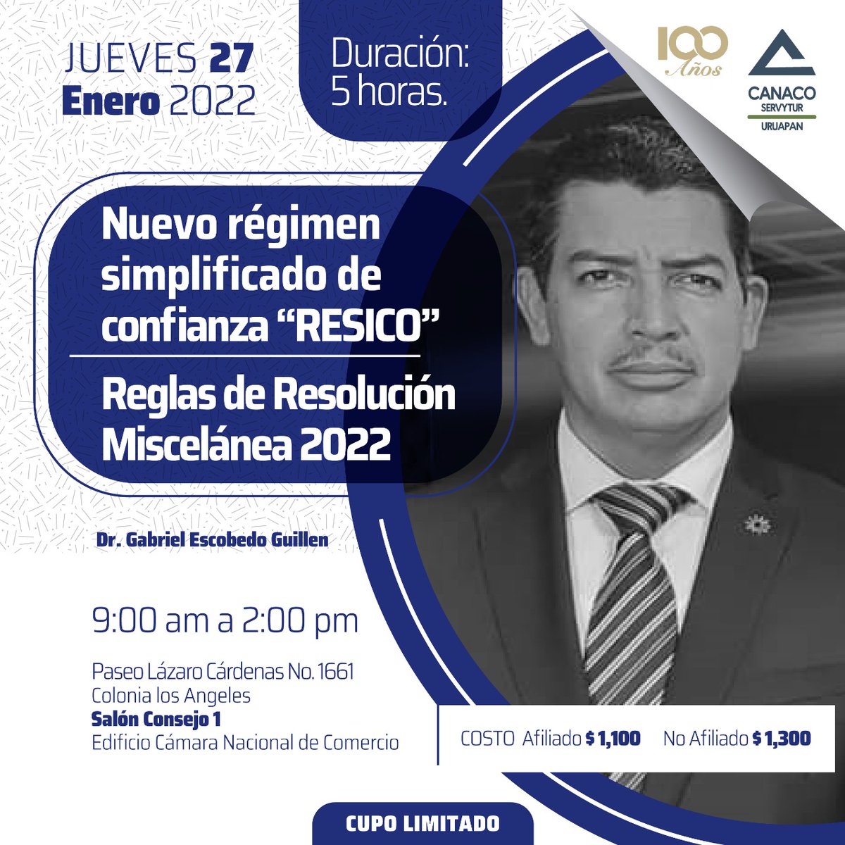 CANACOUruapan's tweet photo. Nuevo régimen simplificado de confianza "RESICO"/ Reglas de Resolución Miscelánea 2022.

Jueves 27 enero 2022
9:00 am 2:00 pm
Dr. Gabriel Escobedo Guillen. 
Salón Consejo 1 (Tercer Piso).
Afiliado 1,100 
NO Afiliado 1,300

Info: Paseo Lázaro Cárdenas #1661 Col. Los Ángeles. https://t.co/cRiM02DQeQ
