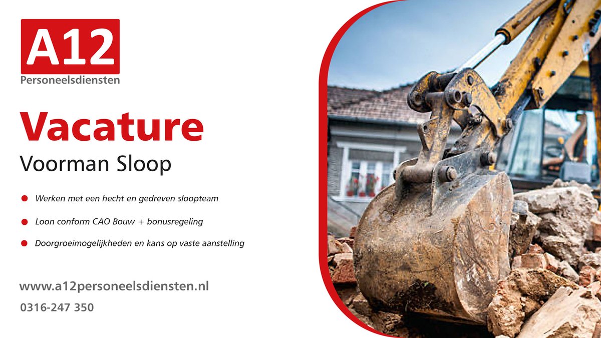 A12Personeel's tweet photo. Voor een gerenommeerd familiebedrijf zoeken wij een voorman sloop met ruime ervaring met betrekking tot sloopwerkzaamheden. Dit bedrijf is gespecialiseerd asbestsanering, renovatiesloop en in totaalsloop 👉https://t.co/dyilQKY3xq #sloper #voorman #bouw #infra #kraan #sloopwerken https://t.co/PAutcfsDiQ