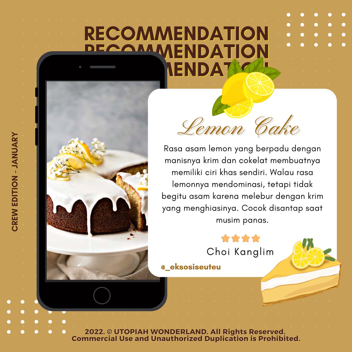 UTOP1AH's tweet photo. 〖 🔮 UTOPIAH WONDERLAND 〗

UTOPIAH HIGHLIGHT:
CREW’s EDITION

➫ @eksosiseuteu 
🗓 24/01/2022
🌟🌟🌟🌟

Sweet and sour! 🍋 What’s that? It’s Choi Kanglim’s favorite. ✨ Oh, it turns out to be Lemon Cake! 🍰

XOXO,
Utopiah.

#UtopiahWonderland
#CrewEdition
#LemonCake https://t.co/ORr0mnOE7s