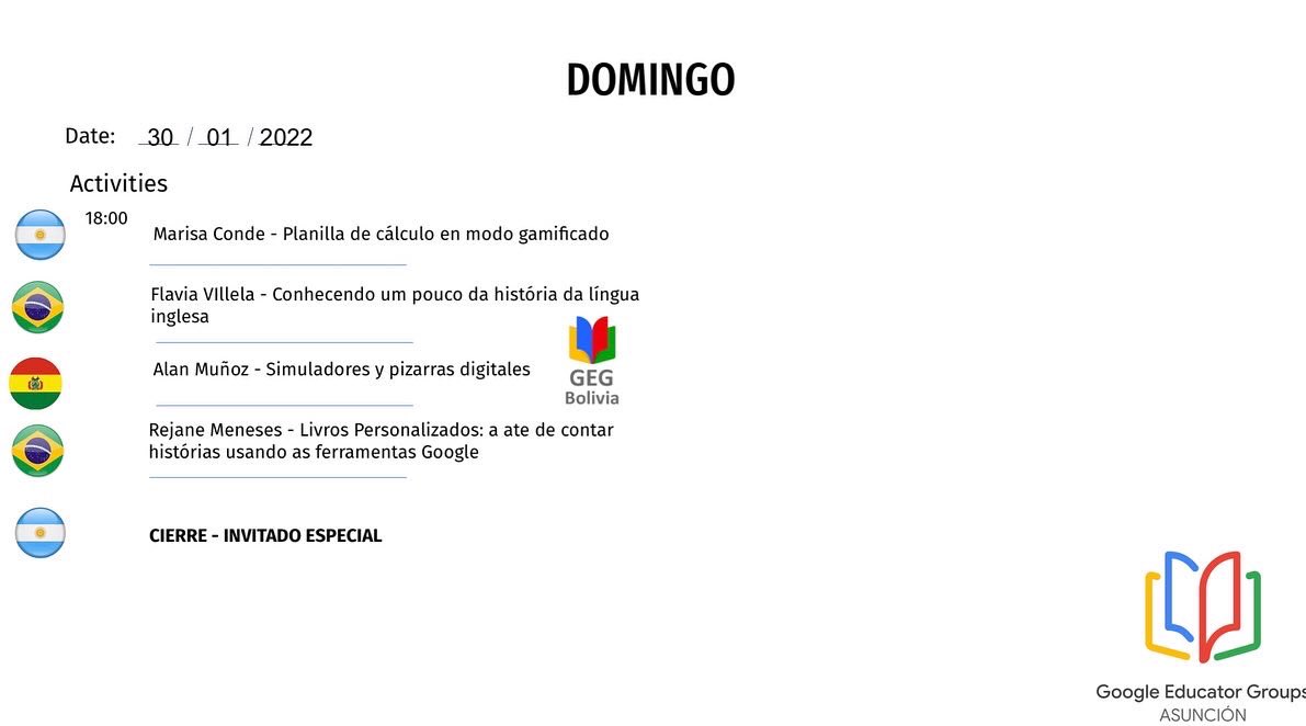 II CONGRESO GEG ASUNCIÓN - IBEROAMERICA
CRONOGRAMA
<a href="/GoogleForEdu/">Google for Education</a> <a href="/GEGHispano/">GEG Hispanoamérica</a> <a href="/GlobalGEG/">Global GEG</a> <a href="/geg_brasil/">GEGBrasil</a> <a href="/GegAsuncion/">GEG Asunción</a> 
#GEGIberoamerica
#GEGHispanoamerica #GEGHispano