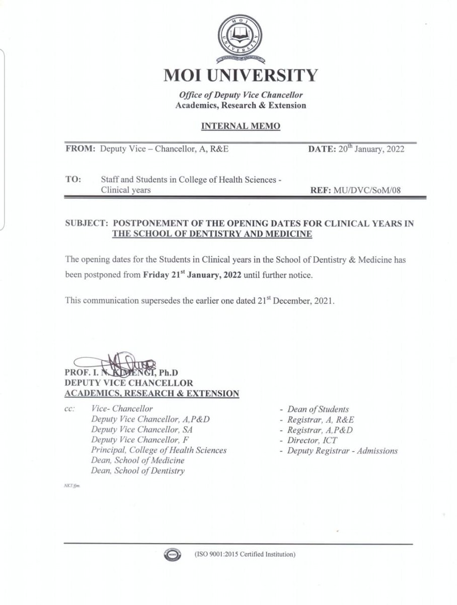 Everytime i look at this memo, i look at it with the hope that further notice is tomorrow or may be Monday. But, there is no assurance.,it's draining
#moiuniversitystrike 
#moiuniversity 
#Tumechoka 
@bonifacemwangi 
@kmpdu 
@RobertAlai
@CisNyakundi