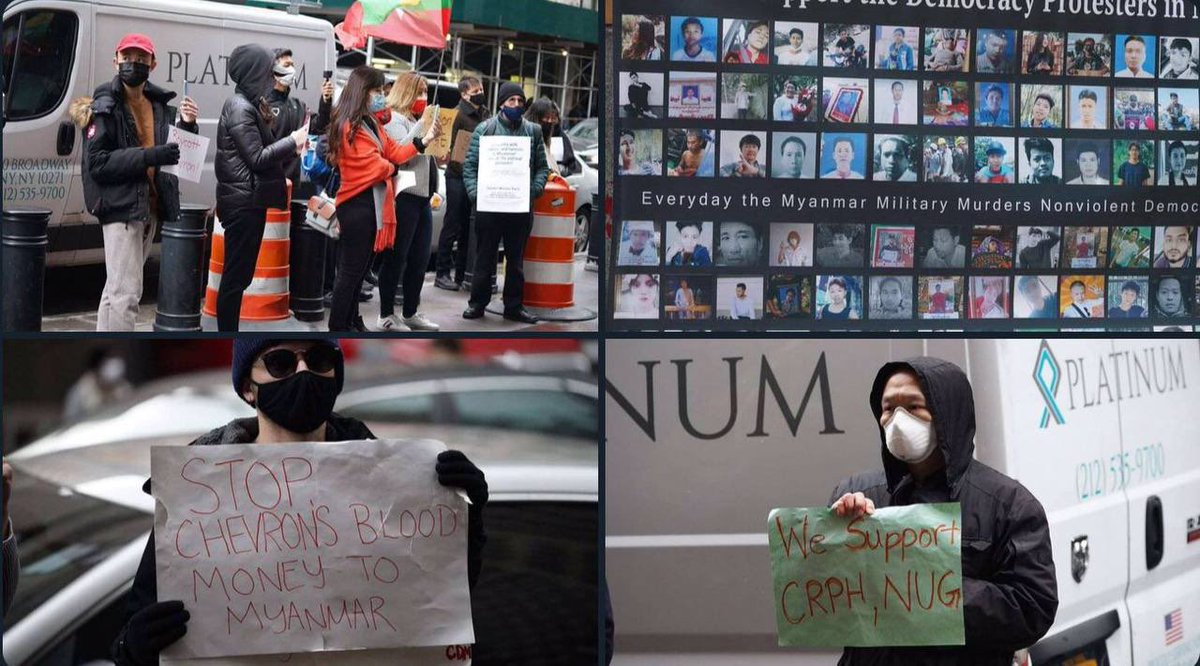 Protesters in front of New York Treasury Department on April 16 demanding the inclusion of sanctions on MOGE,and a ban on <a href="/Chevron/">Chevron</a> oil and gas company transfers to military terrorists banks. #SanctionMOGE #TakeAction_NoMoreWords