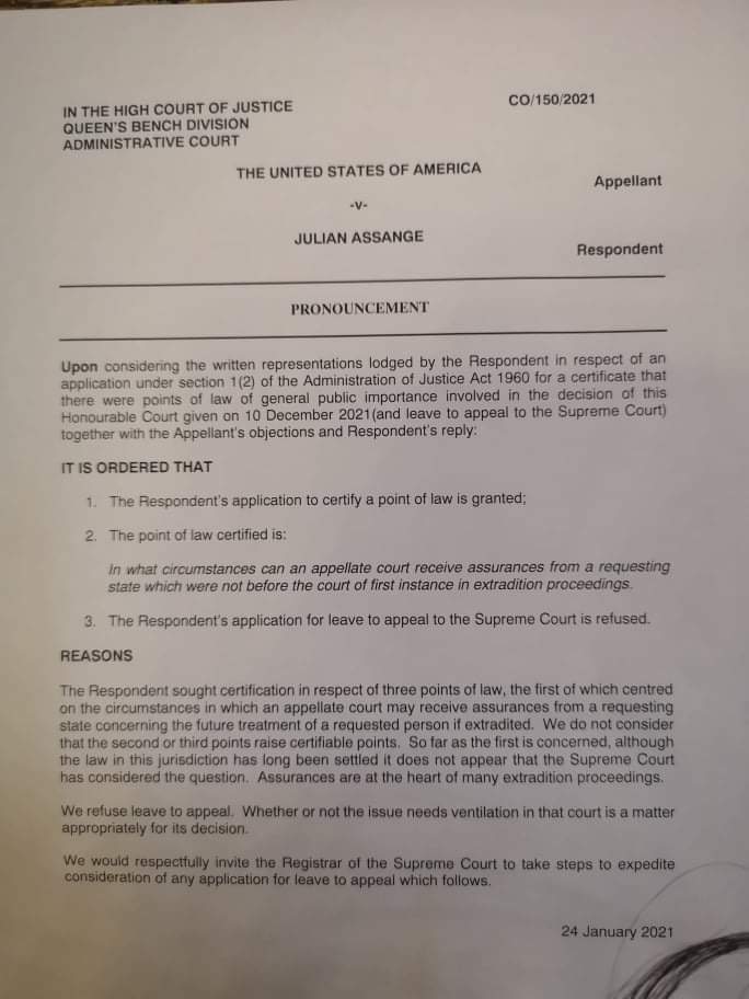 FrenteRE_Italia's tweet photo. El tribunal supremo británico autorizó al fundador de WikiLeaks, Julian Assange, a apelar contra su extradición a Estados Unidos. Su equipo legal había solicitado al tribunal que le permitiera impugnar la decisión de extradición en asuntos de derecho de importancia pública. https://t.co/xdwT9on22j