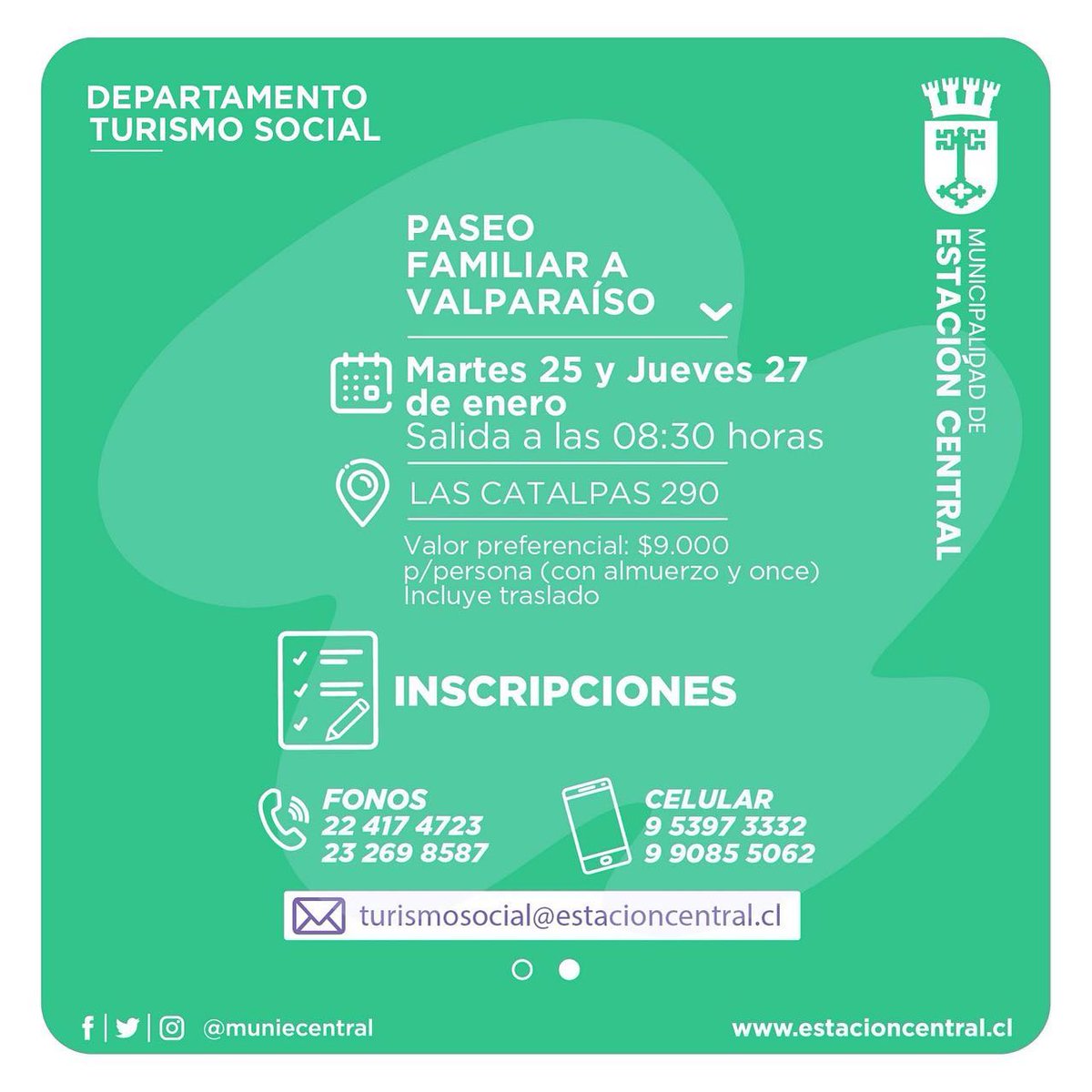 TurismoECentral's tweet photo. ESTA SEMANA📌 viaje a Valparaíso 😎
Inscríbase al 📞232698587 / 224174723 https://t.co/If53QLDeoM