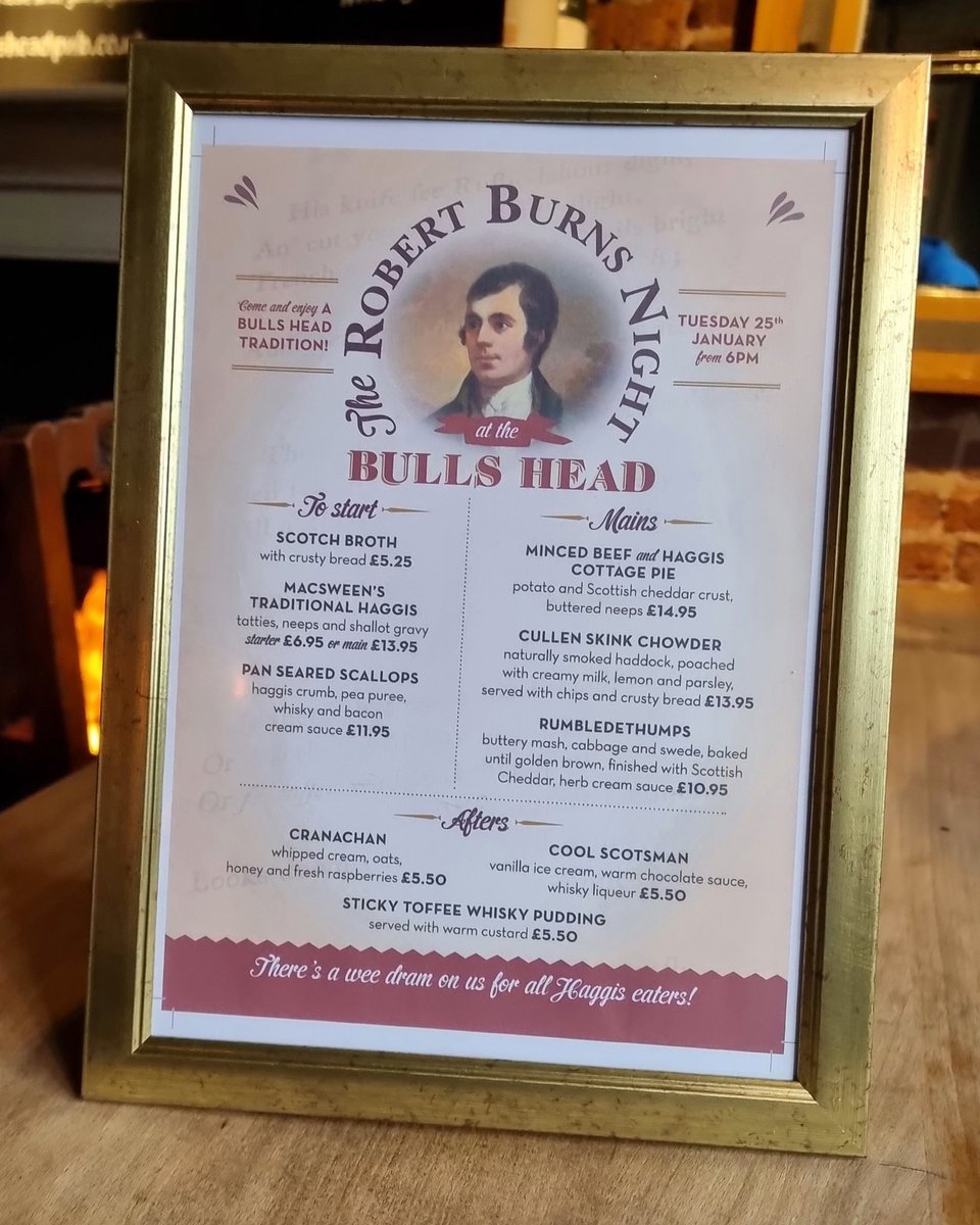 Join us for celebration of all things Scottish tomorrow night.... kilts optional 🙂
#robbieburns #kilt #haggis #BurnsNight #poets #Scottish #whisky #foodie #tuesdaymotivations <a href="/BullsHeadMobb/">The Bulls Head</a>