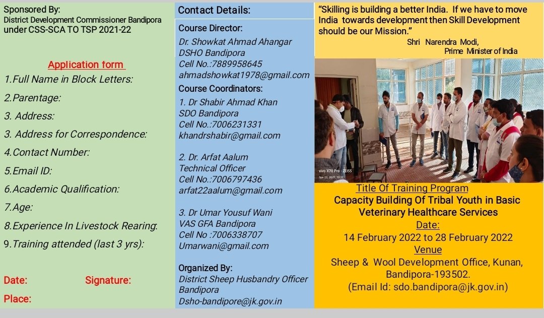 Dsho_bandipora's tweet photo. #VeterinaryPractices
#RuralEconomy 
#sheepFarming 
FLYER on Training Program  for Skill Development of Tribal Youth  on basic Veterinary Health Care Services Prepared by DSHO Office Bandipora
@listenshahid 
@owais_ias 
@dcbandipora 
@DirSHDK
@diprjk 
@dicbandipora 
@PIBSrinagar https://t.co/iu5alfSKHC