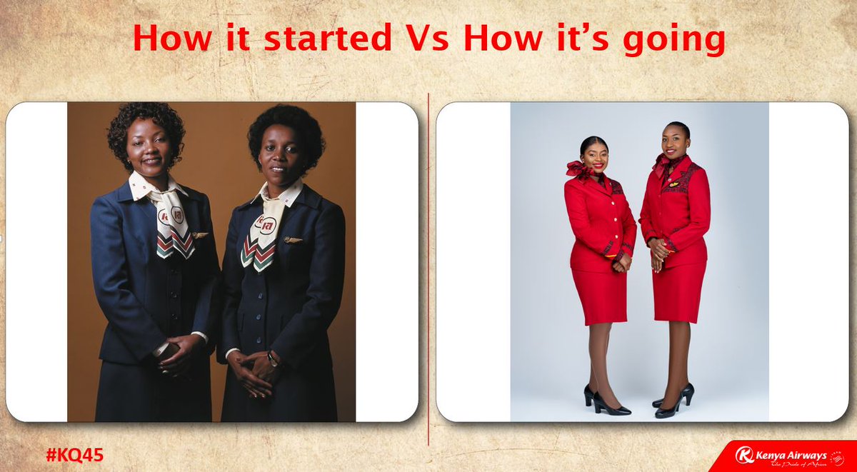 KenyaAirways's tweet image. Different uniforms, same airline. #KQ45 #HowItStartedVsHowItsGoing