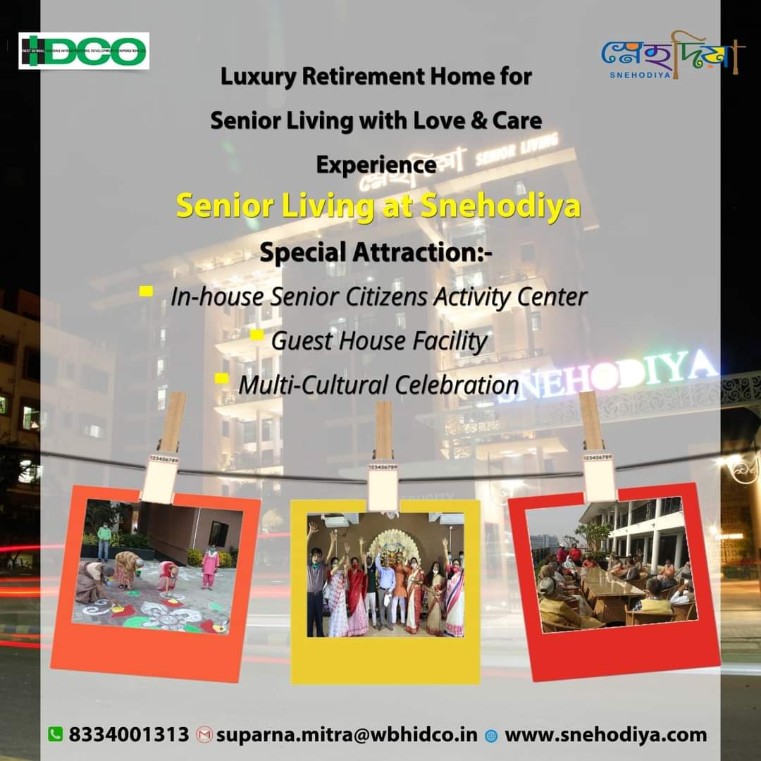 wbhidco_ltd's tweet photo. Experience the essence of senior living at Snehodiya! The only luxury senior living space with facilities like: 
In-house Activity Center
Guest House 
Multi-Cultural Celebration and much more.. 

Call - 8334001313 or mail - suparna.mitra@wbhidco.in
#seniorcitizens #luxuryliving https://t.co/pGy1d0Qxqm