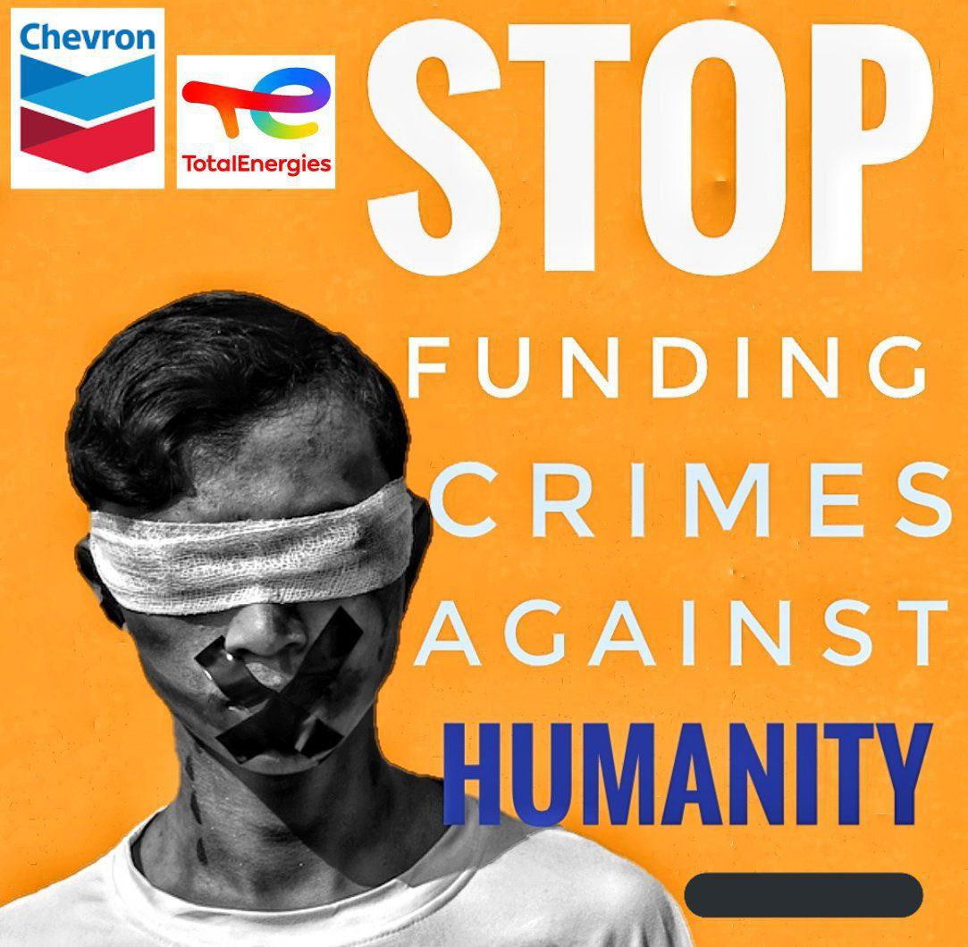 katycho22222's tweet photo. Revenues from oil and gas sector are one of the biggest income sources of Junta and keep the arm force equipped. We call for immediate international targeted sanctions @EUCouncil @POTUS @EmmanuelMacron and require @TotalEnergies @Chevron to freeze payment to Junta. #SanctionMOGE https://t.co/fLAAmO5UF4