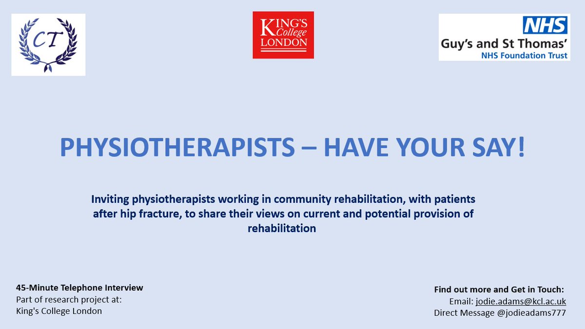 Jodie Adams (@jodieadams777) on Twitter photo We are inviting #communityphysiotherapists to take part in #research interviews on perceptions of #communityrehabilitation following #hipfracture. Email for more info: jodie.adams@kcl.ac.uk We are inviting #communityphysiotherapists to take part in #research interviews on perceptions of #communityrehabilitation following #hipfracture. Email for more info: jodie.adams@kcl.ac.uk