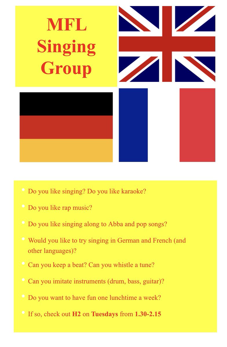 We have two lunchtime MFL clubs running this week… 1) Mr McGill‘s singing group on Tuesday 2) Miss Pawsey‘s Film Club on Friday! Come along and join us. <a href="/IceniAcademy/">Iceni Secondary Academy</a>