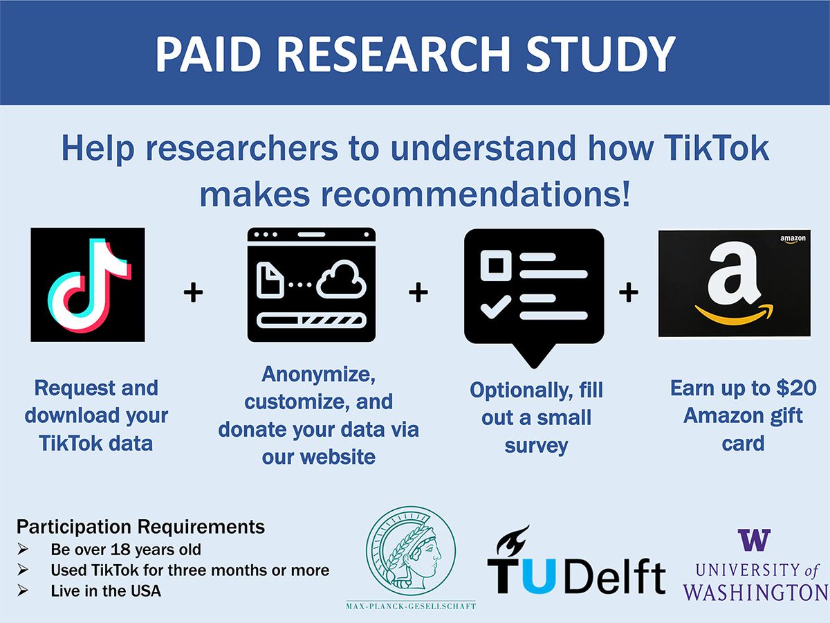 Ever wondered how TikTok recommends videos? We are conducting a research study to understand recommendations by asking people to donate their TikTok data!

Sign up: mpisws.eu.qualtrics.com/jfe/form/SV_2b…
More info: social-media-data-donator.mpi-sws.org