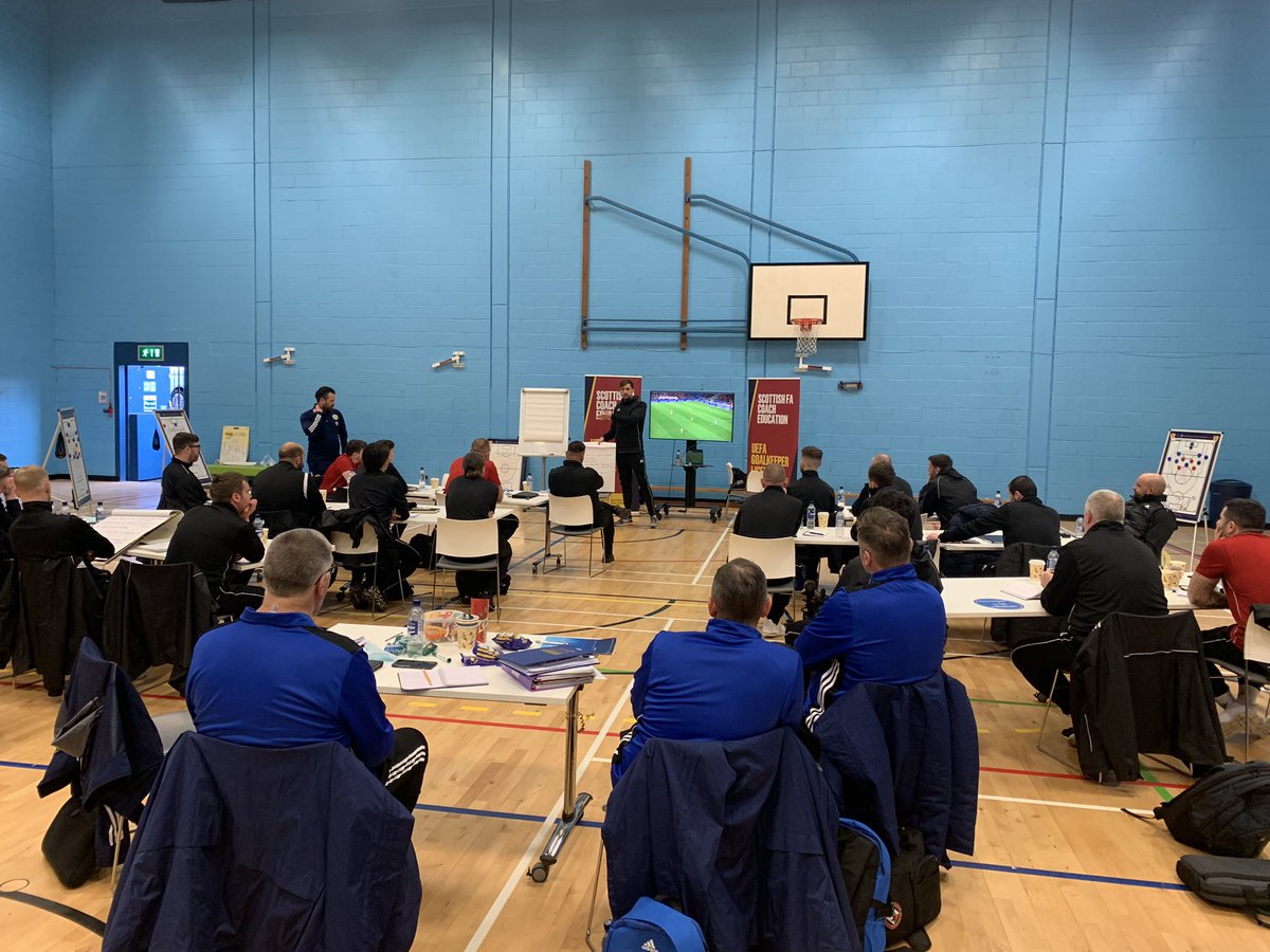 Really enjoyable 2 days, beginning our first @UEFA @ScottishFA Goalkeeping B Licence. Great interaction, dialogue and discussion between candidates and tutors. Look forward to seeing the group progress #ScottishFACoachEd