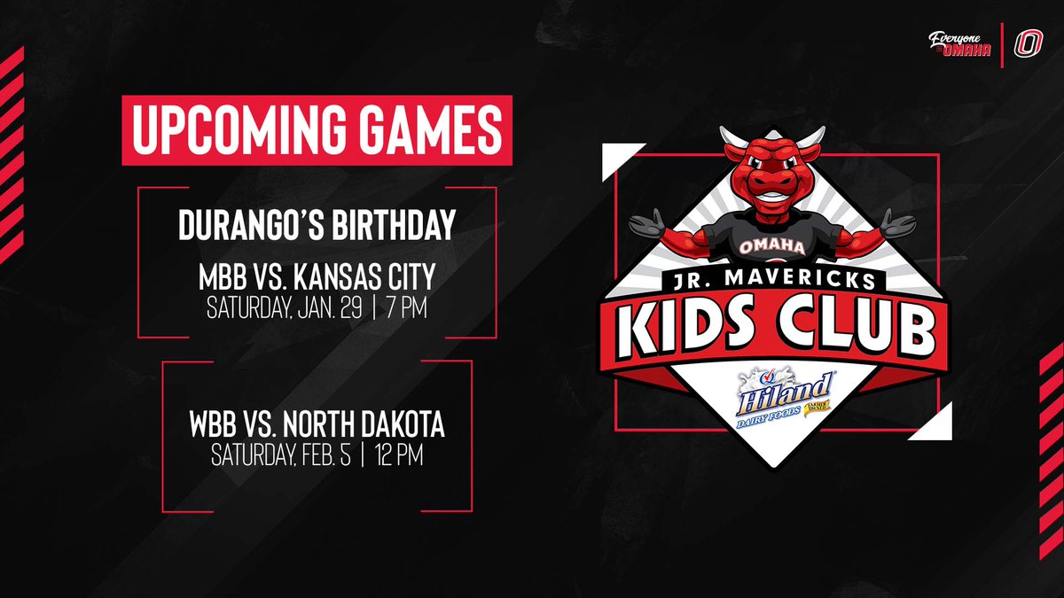 We're celebrating Durango's Birthday at Saturday's @OmahaMBB game vs. Kansas City! @HilandDairy Kids Club members have received a free ticket in their MyMav account. PLUS 2 tickets for parents, guardians, family or friends! Come out and help us celebrate! #EveryoneForOmaha