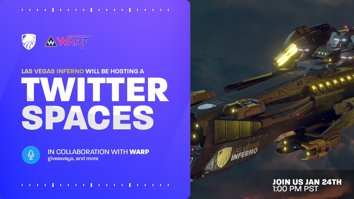 InfernoCulture's tweet photo. Today at 1pm, we will be hosting a Twitter Spaces w @WarpBond ! Be there!! 
We'll be talking about our news ships, teaming up with WARP, and giving away 4 WARP x LVI Ships that are a $4,000 value!! 👀👀🔥 https://t.co/fqbLyN6WJW
