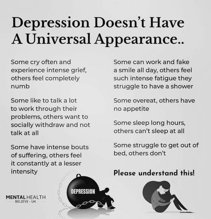 SuzieYMA's tweet photo. The same significant message applies to various types of mental illness...they don't have a "universal appearance!" #YouMatterAlways #nouniversalexperience #differentforeveryone #similarnotidentical #stigma #lessjudgement #dontassume https://t.co/c5T5ZkRerr