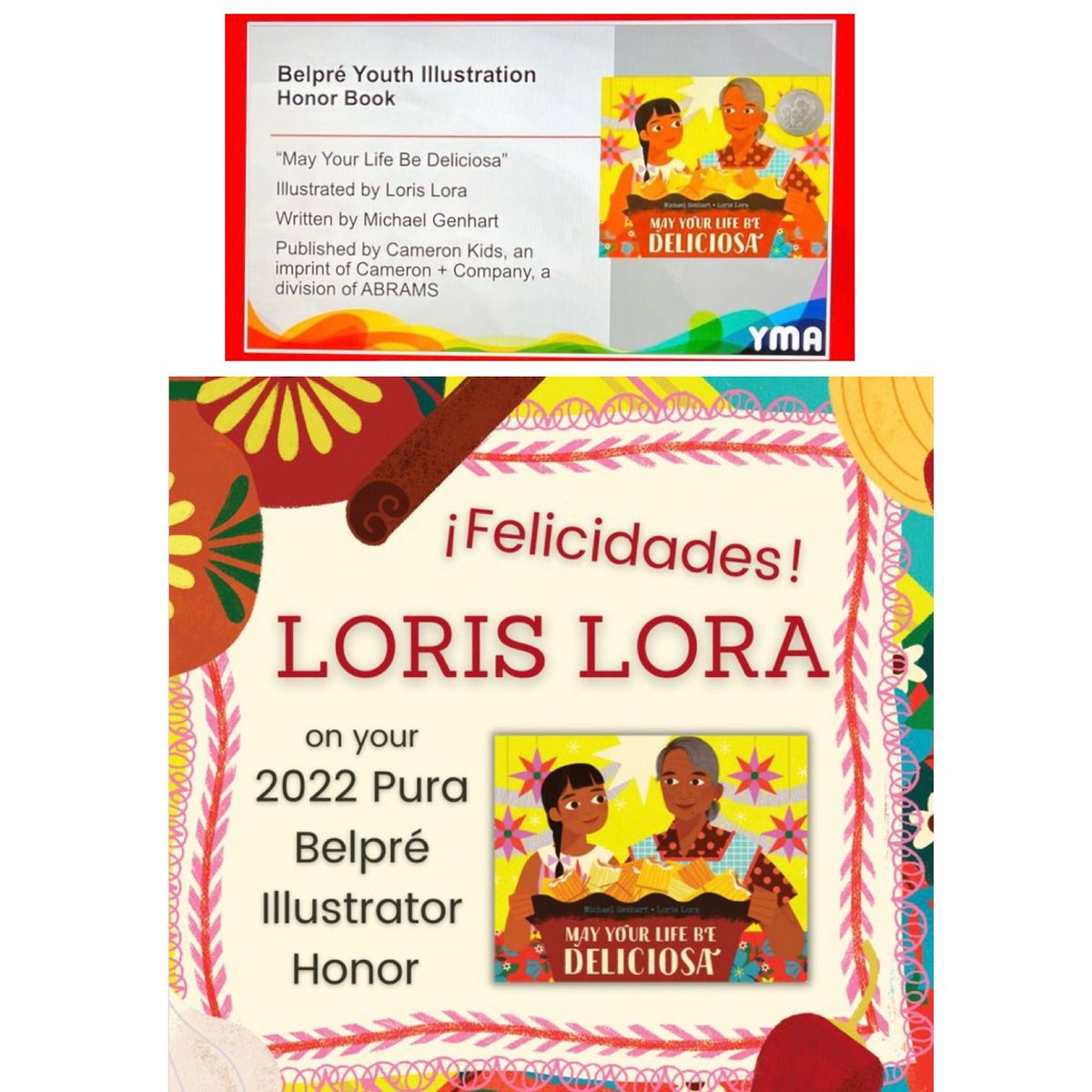 YIPPEE!!  Congratulations, Loris!  Thank you #ala #alayma #americanlibraryassociation #purabelpre #purabelpreillustrationhonor #mayyourlifebedeliciosa #cameronkids