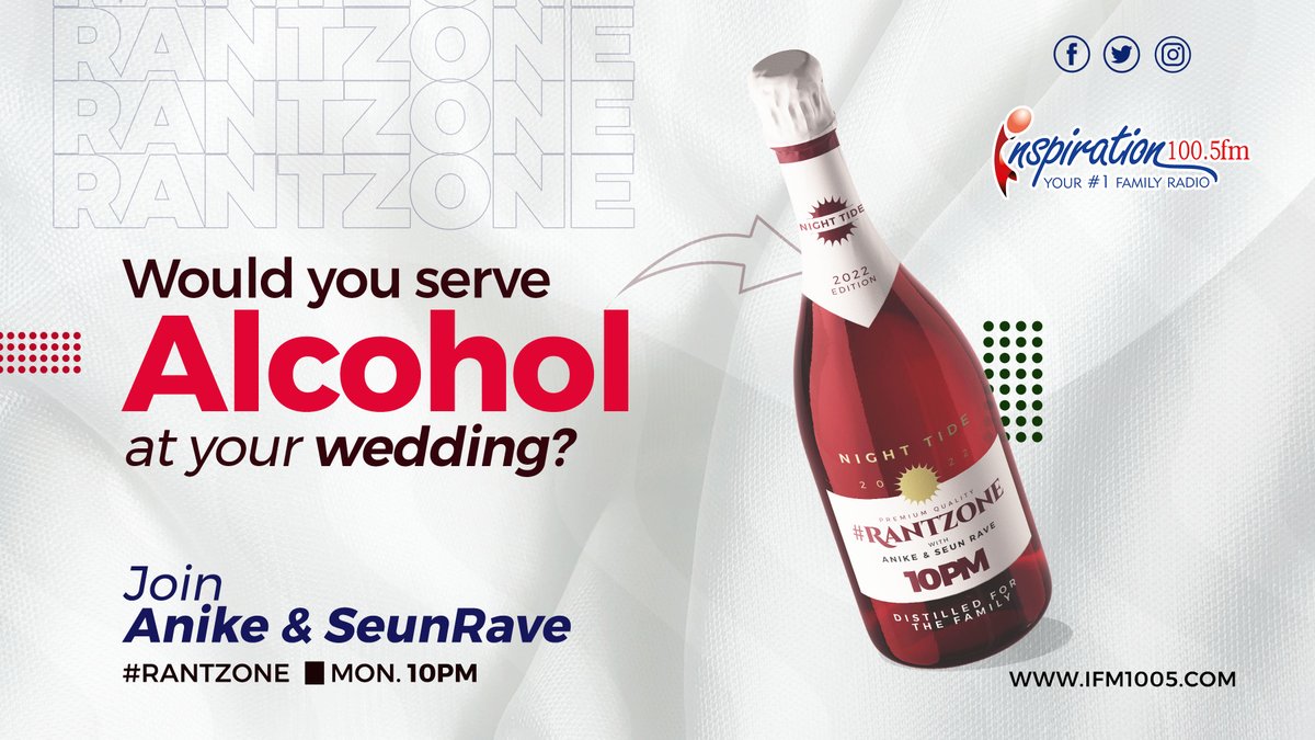 n3uroti8's tweet photo. What's your view with alcohol at weddings?
Join the #RantZone convo with @callme_anike & @Seun_rave on the #NightTide 10pm on @ifm1005ib
Listen live via https://t.co/GM9oBjlLqq https://t.co/1j5wj6CxdM