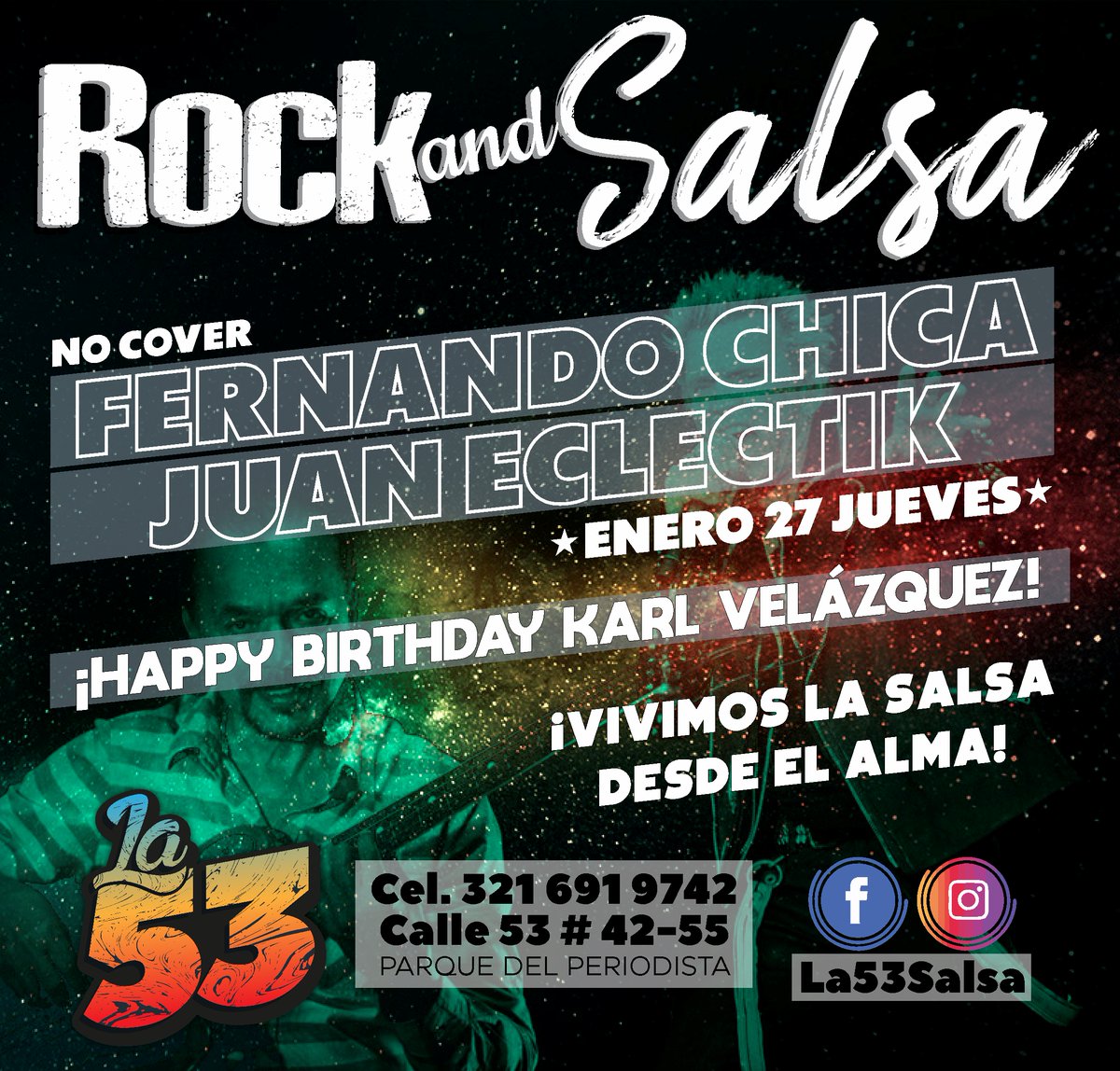 juaneclectik's tweet photo. Este #Jueves regresamos a la 53 Salsa Bar (Parque del Periodista) para celebrar el cumple de Karl Velázquez 🔥 ¡Rock And Salsa de Lujo! 🤟🏼 Allá nos vemos... 🎶 https://t.co/Ycqyj4UNVP