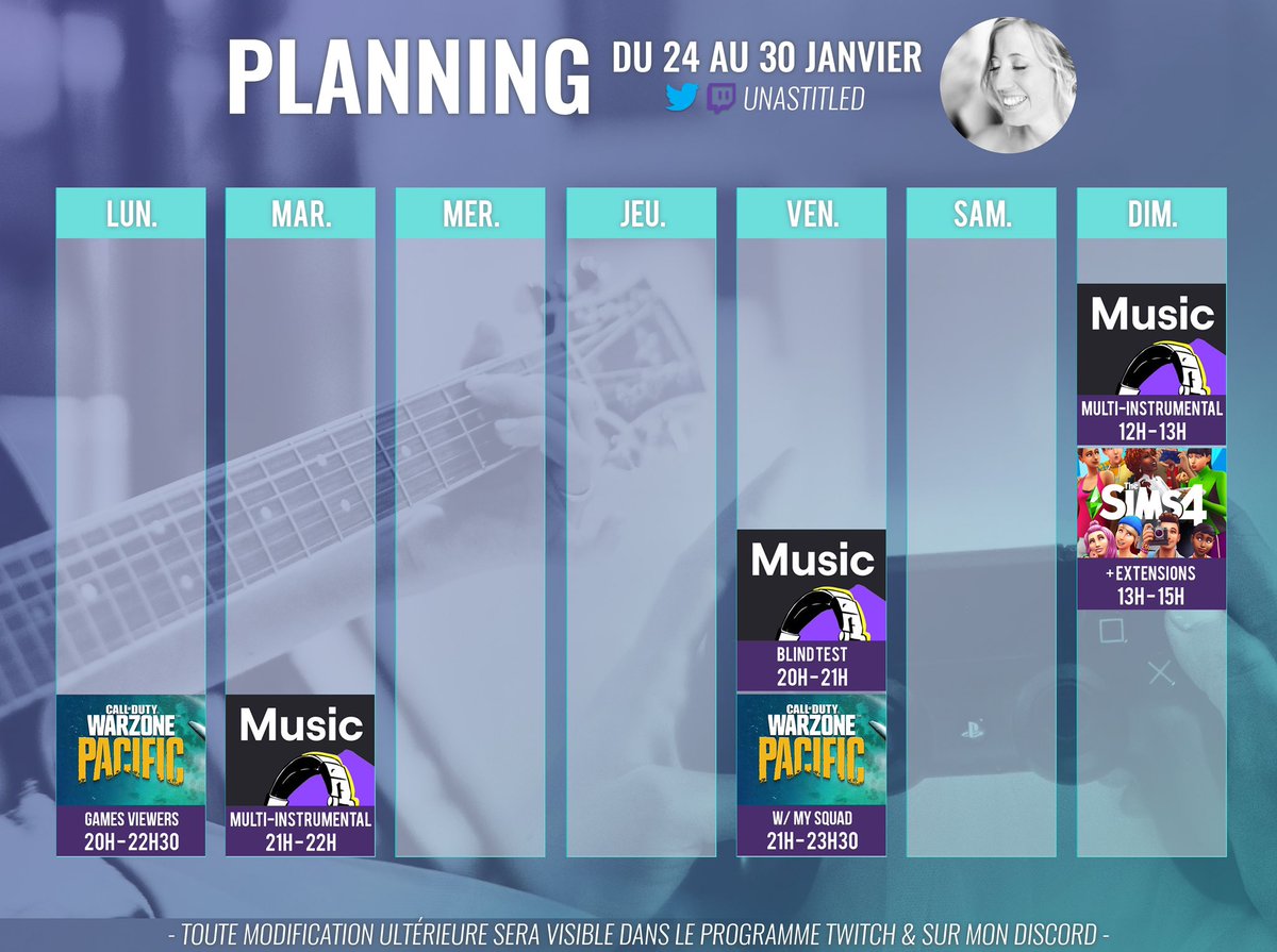 Unastitled's tweet image. 🗓Planning de la semaine💜
Live musique un peu spécial ce vendredi ➡️ blind test 🎁 !
#livemusic #loopartist #CallofDutyWarzone #Sims4 #twitch #smallstreamer #streamergirl