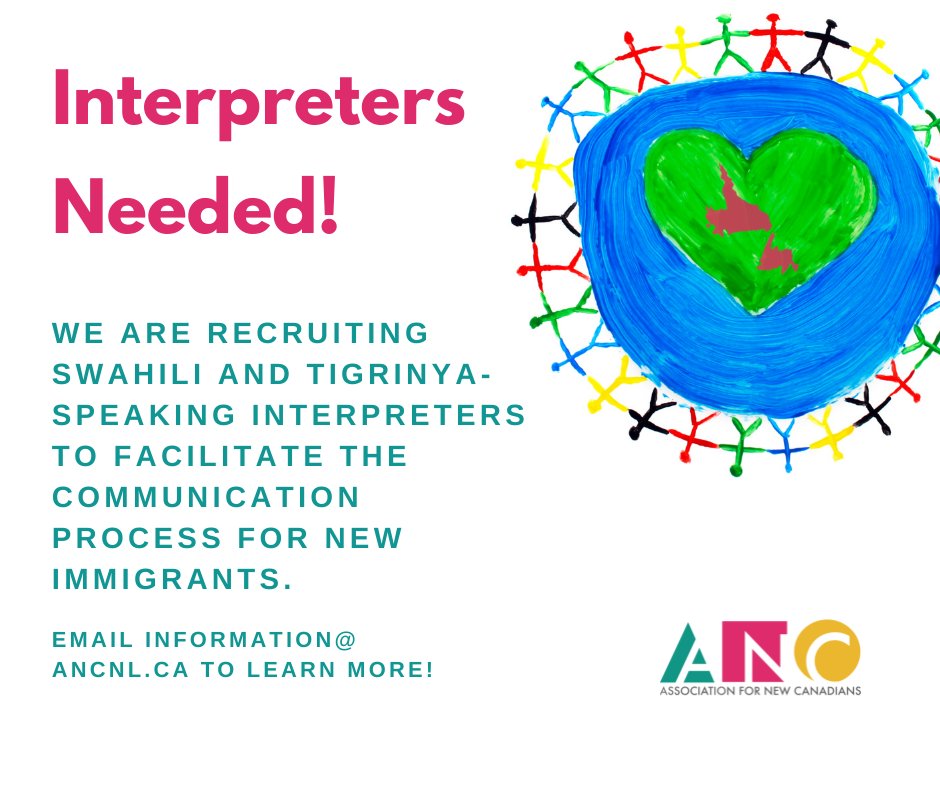 ANC_of_NL's tweet photo. We are recruiting Swahili, Tigrinya, and Arabic-speaking interpreters to facilitate the communication process for new immigrants.

Email information@ancnl.ca to learn more! https://t.co/w7kRMBOxRV
