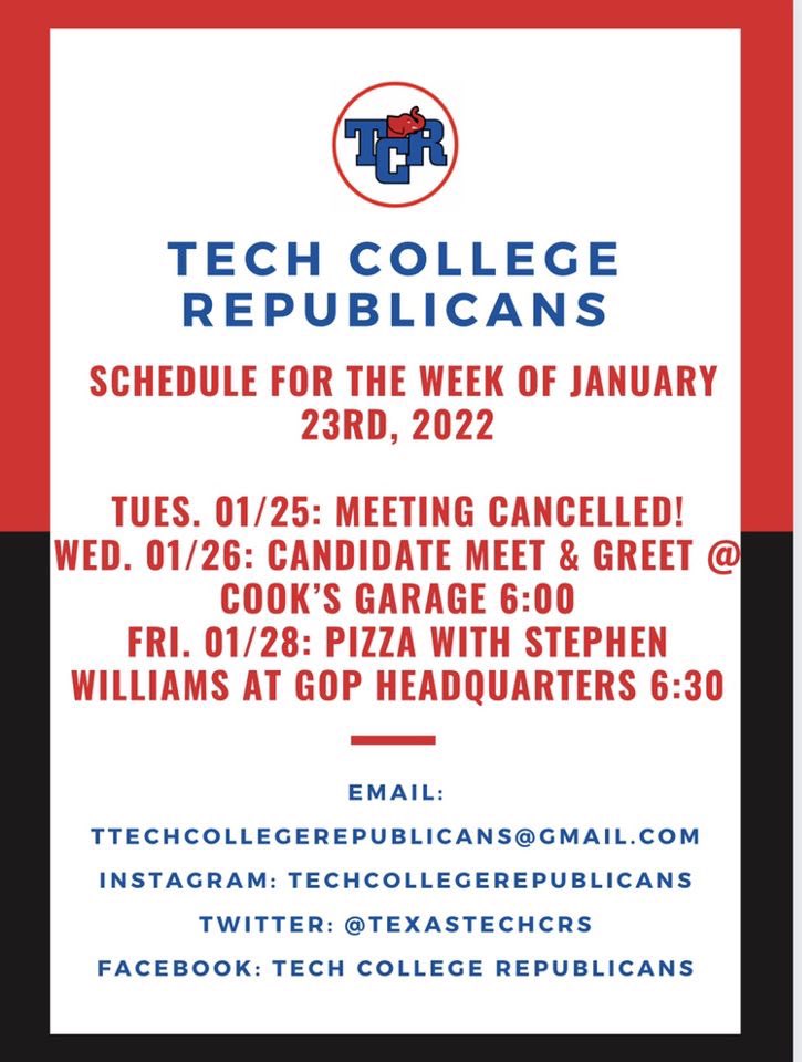 TexasTechCRs's tweet photo. Here is our schedule this week! We hope to see y’all on Wednesday and Friday!! #techcollegerepublicans https://t.co/w7r5YGMVxq